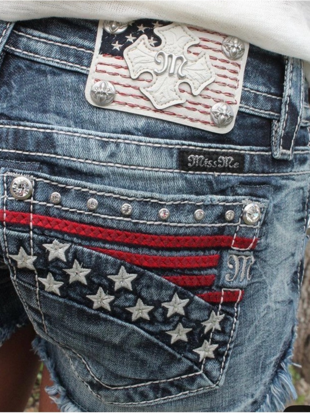 Miss Me American Distressed Denim Shorts with Red & White Flag Embroidery
